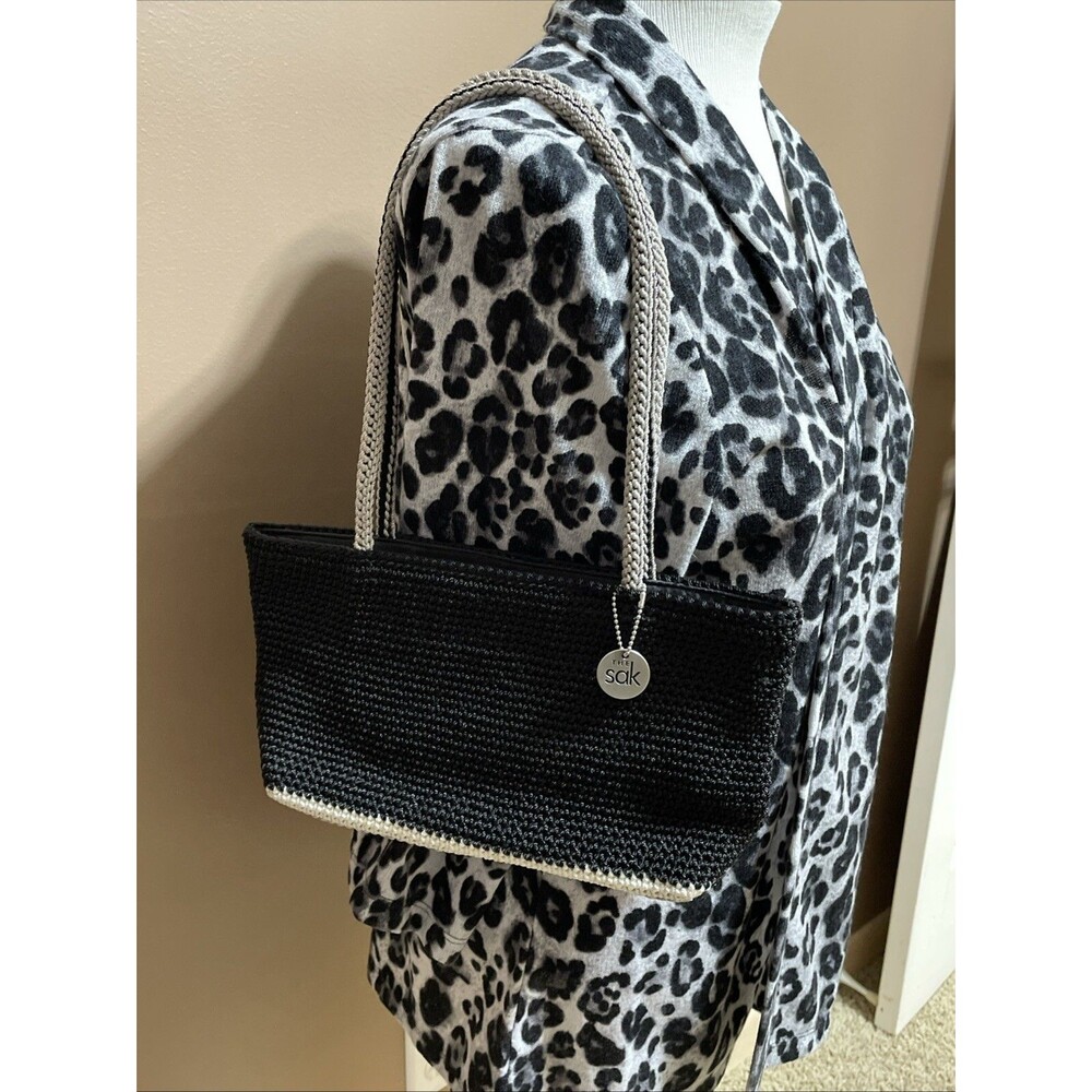 The Sak Crochet Double Shoulder Strap Zippered Purse Handbag Black And Tan EUC